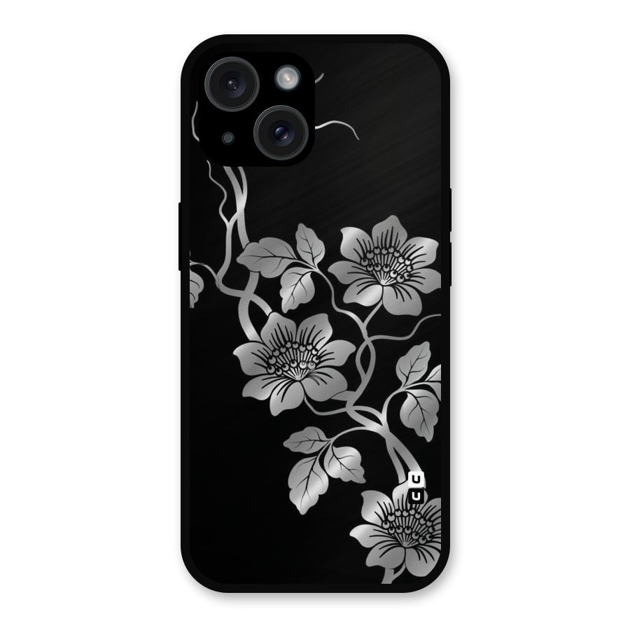 Silver Grey Flowers Metal Back Case for iPhone 15
