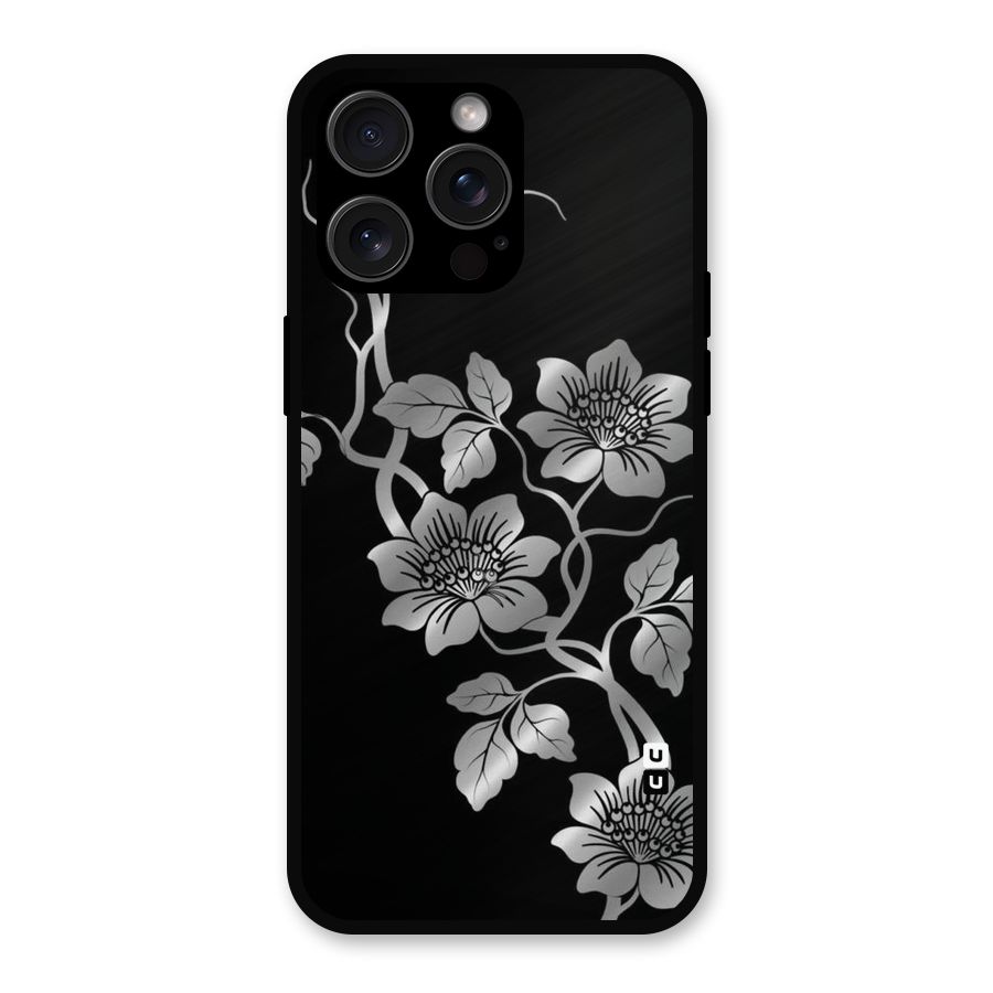 Silver Grey Flowers Metal Back Case for iPhone 15 Pro Max