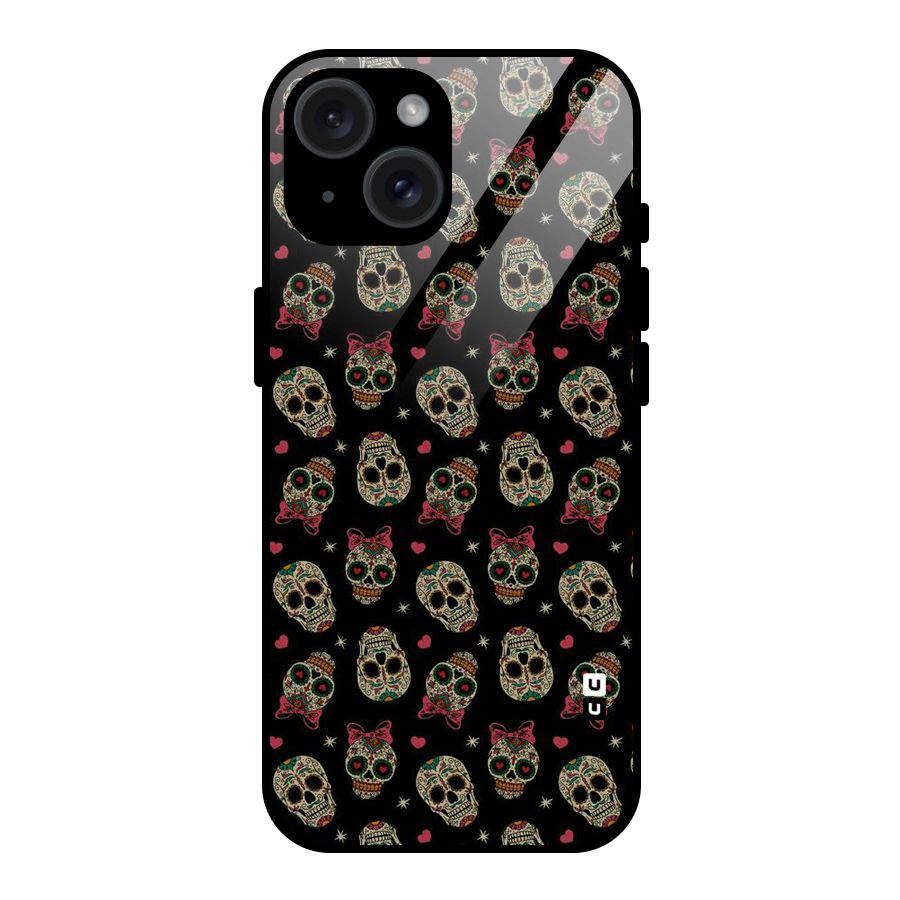 Skull Pattern Glass Back Case for iPhone 15