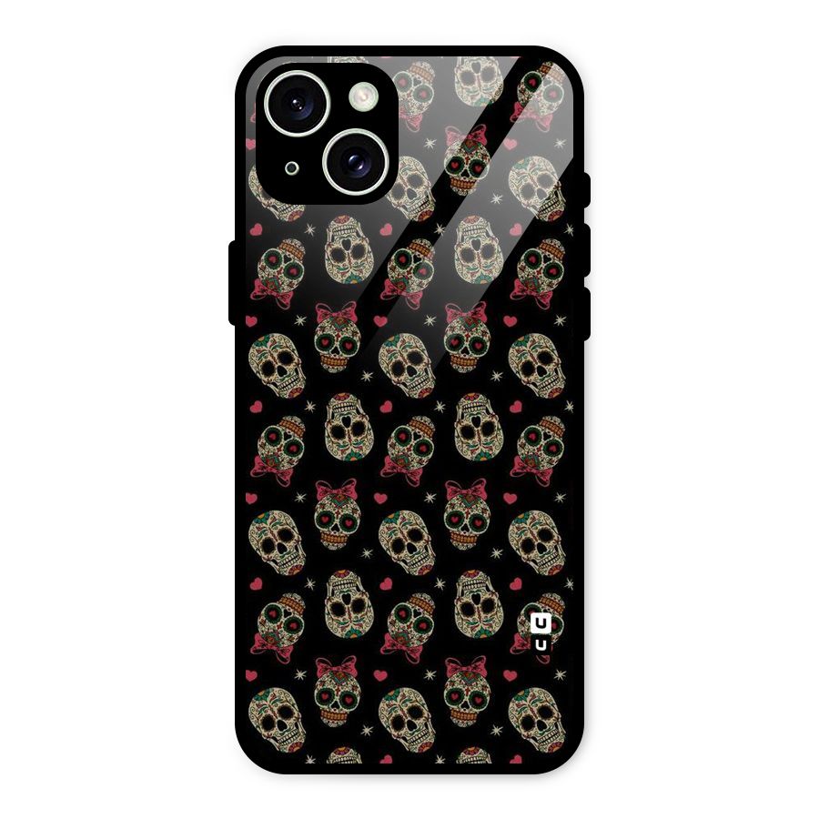 Skull Pattern Glass Back Case for iPhone 15 Plus