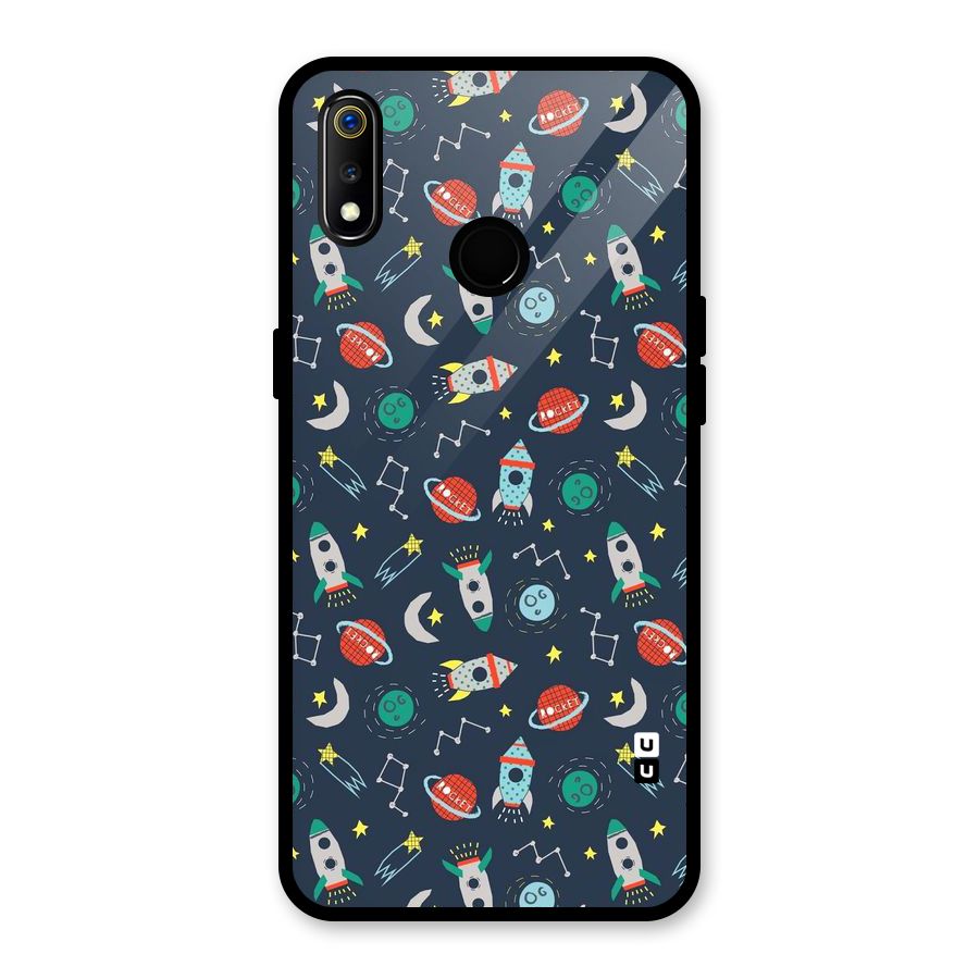 Space Rocket Pattern Glass Back Case for Realme 3