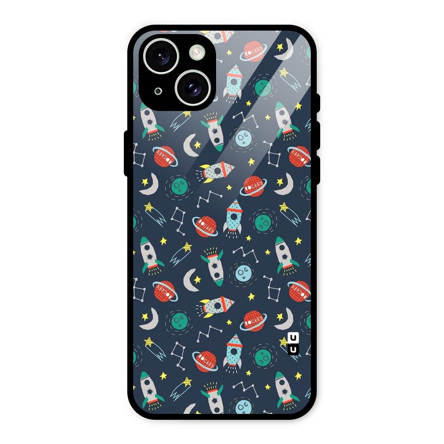 Space Rocket Pattern Glass Back Case for iPhone 15 Plus