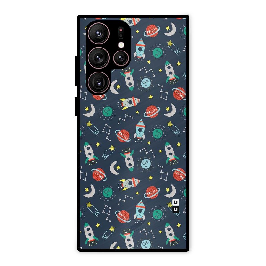 Space Rocket Pattern Metal Back Case for Galaxy S22 Ultra 5G