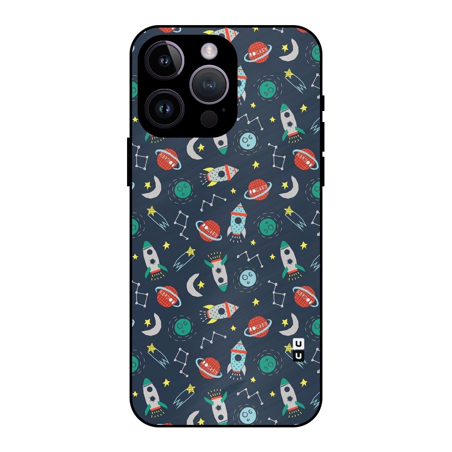 Space Rocket Pattern Metal Back Case for iPhone 14 Pro Max