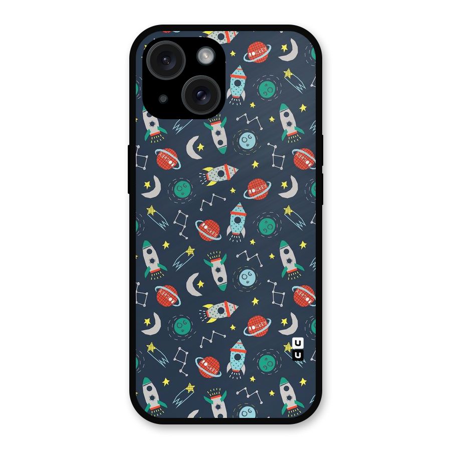 Space Rocket Pattern Metal Back Case for iPhone 15