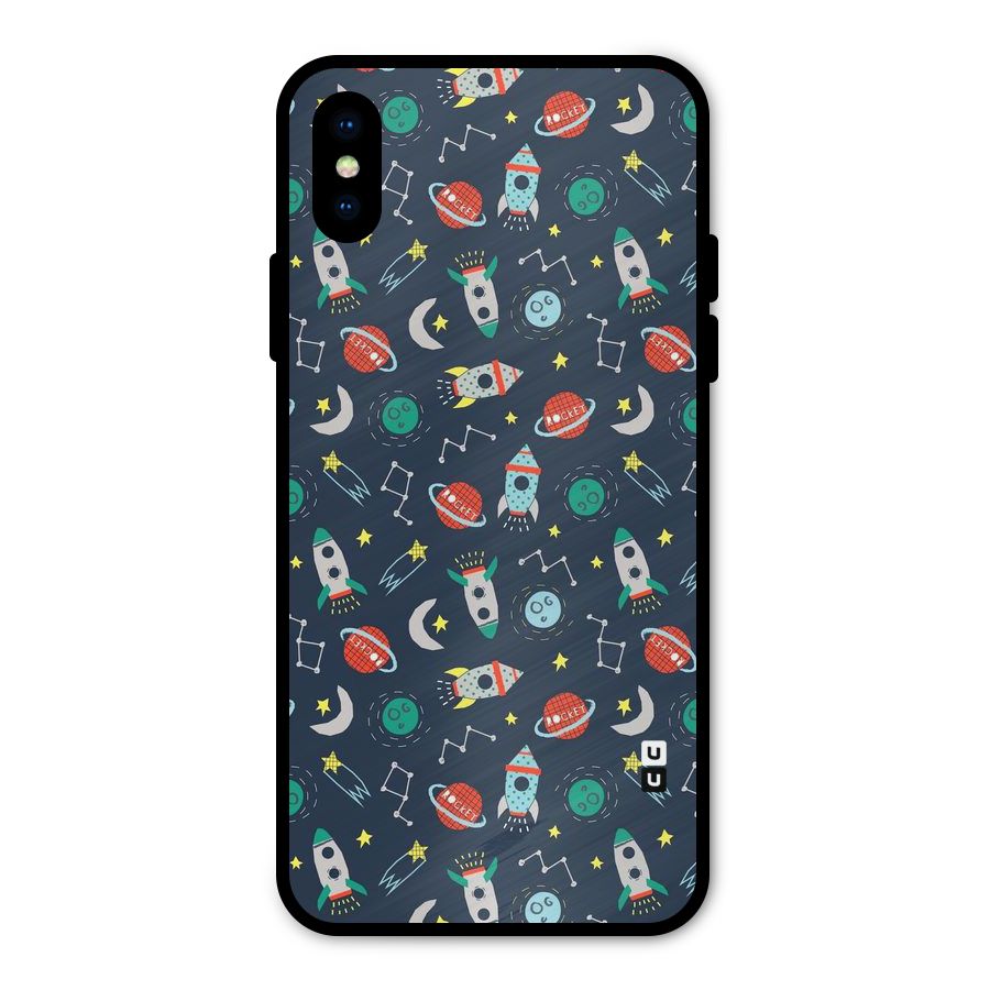 Space Rocket Pattern Metal Back Case for iPhone XS
