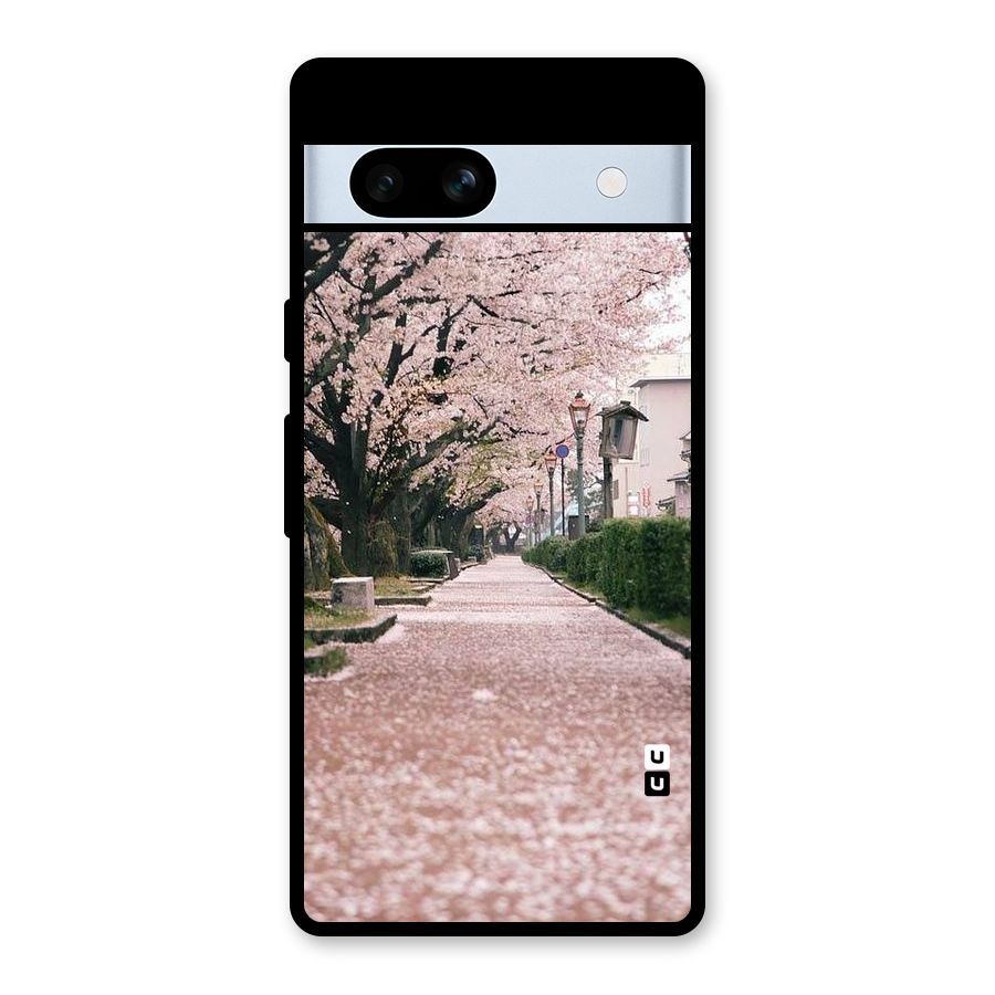 Street In Pink Flowers Glass Back Case for Google Pixel 7a