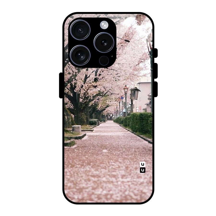 Street In Pink Flowers Glass Back Case for iPhone 15 Pro