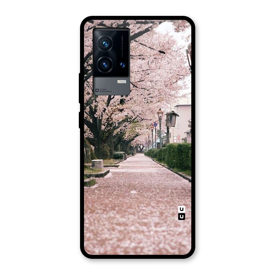 Street In Pink Flowers Glass Back Case for iQOO 9 5G
