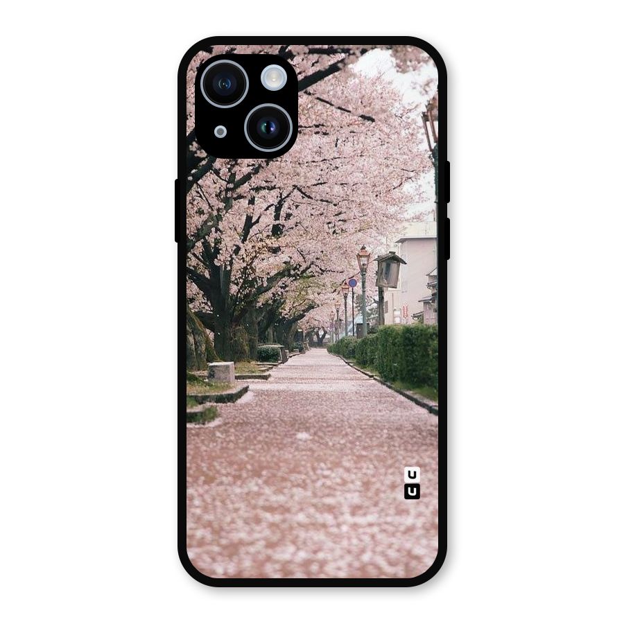 Street In Pink Flowers Metal Back Case for iPhone 14