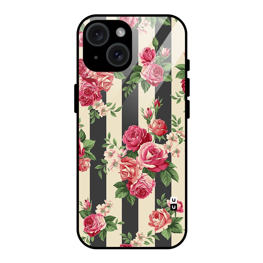Stripes And Floral Glass Back Case for iPhone 15