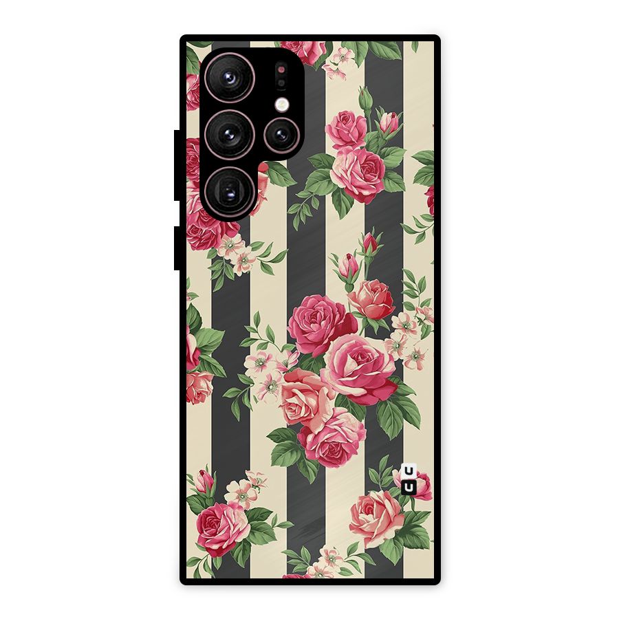 Stripes And Floral Metal Back Case for Galaxy S22 Ultra 5G