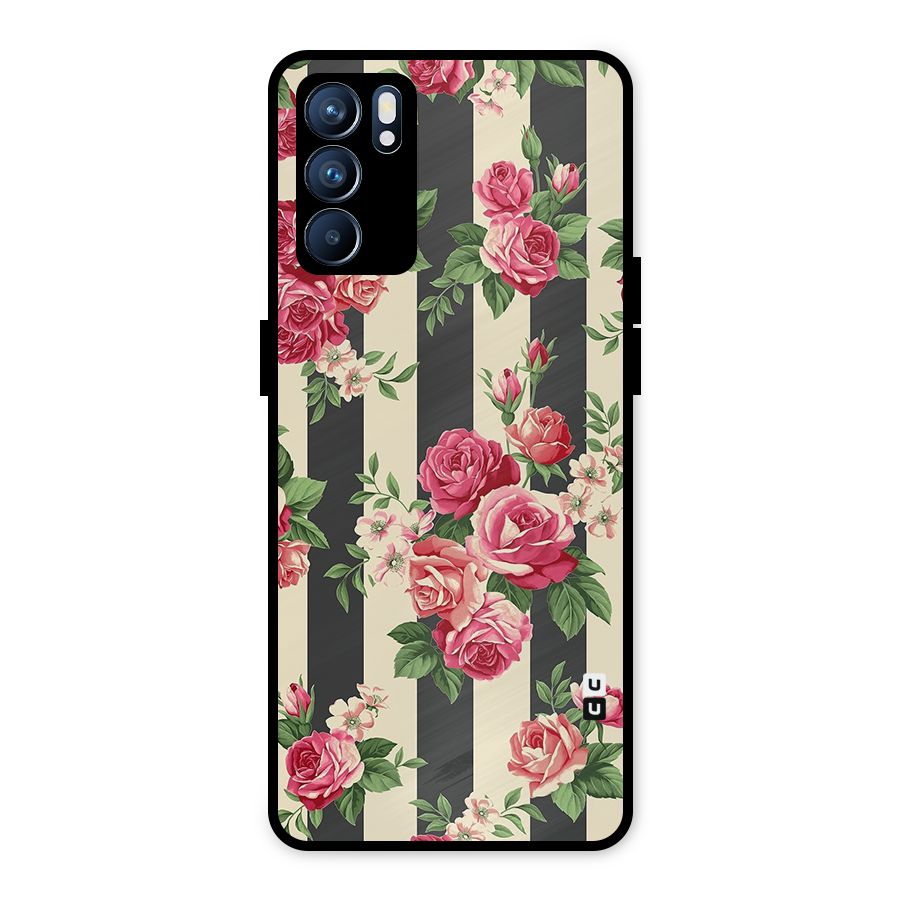 Stripes And Floral Metal Back Case for Oppo Reno6 5G
