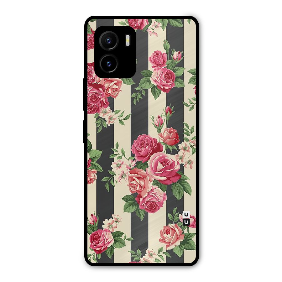 Stripes And Floral Metal Back Case for Vivo Y15s