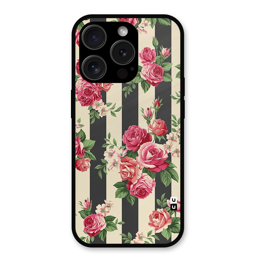 Stripes And Floral Metal Back Case for iPhone 15 Pro