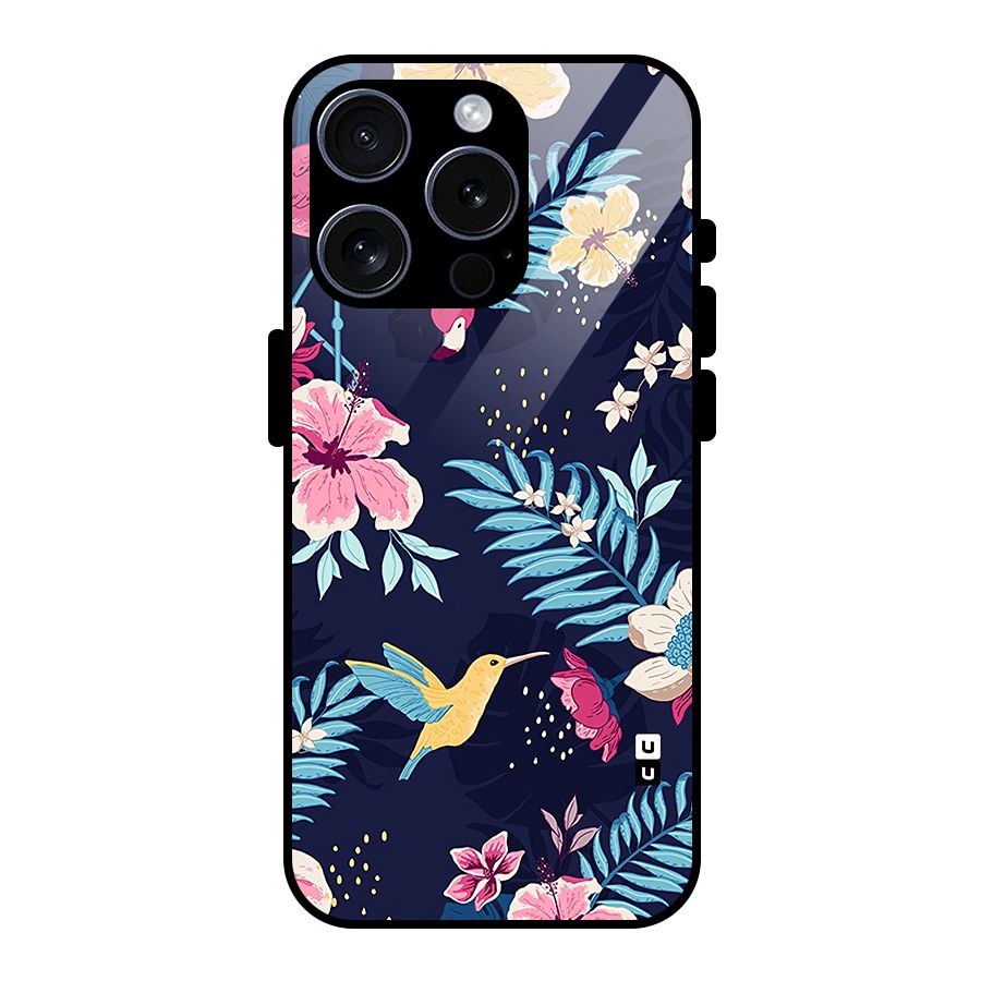 Tropical Flamingo Pattern Glass Back Case for iPhone 15 Pro