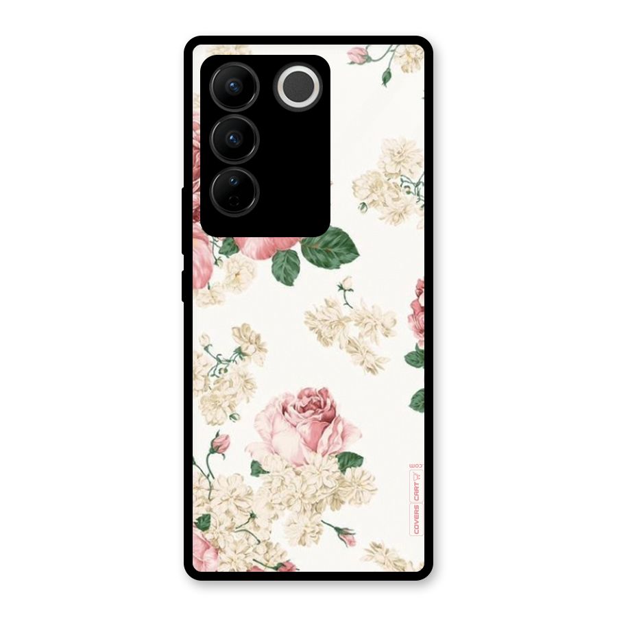 Vintage Floral Pattern Glass Back Case for Vivo V27 Pro