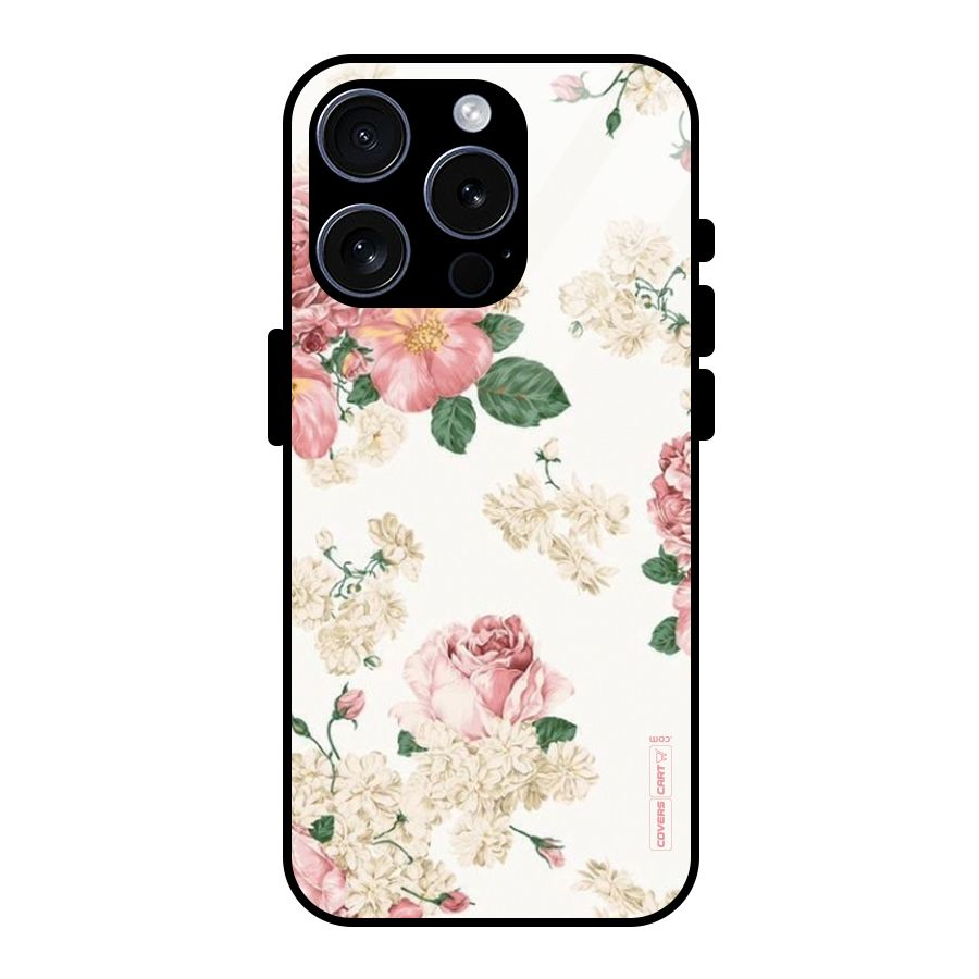 Vintage Floral Pattern Glass Back Case for iPhone 15 Pro