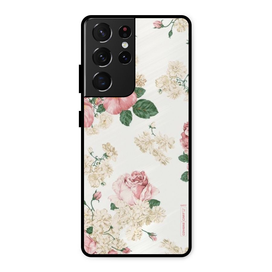 Vintage Floral Pattern Metal Back Case for Galaxy S21 Ultra 5G