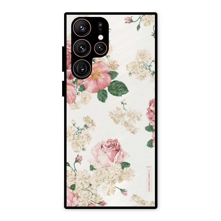 Vintage Floral Pattern Metal Back Case for Galaxy S22 Ultra 5G