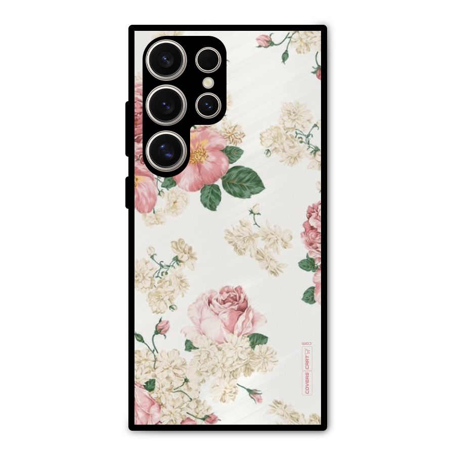 Vintage Floral Pattern Metal Back Case for Galaxy S24 Ultra