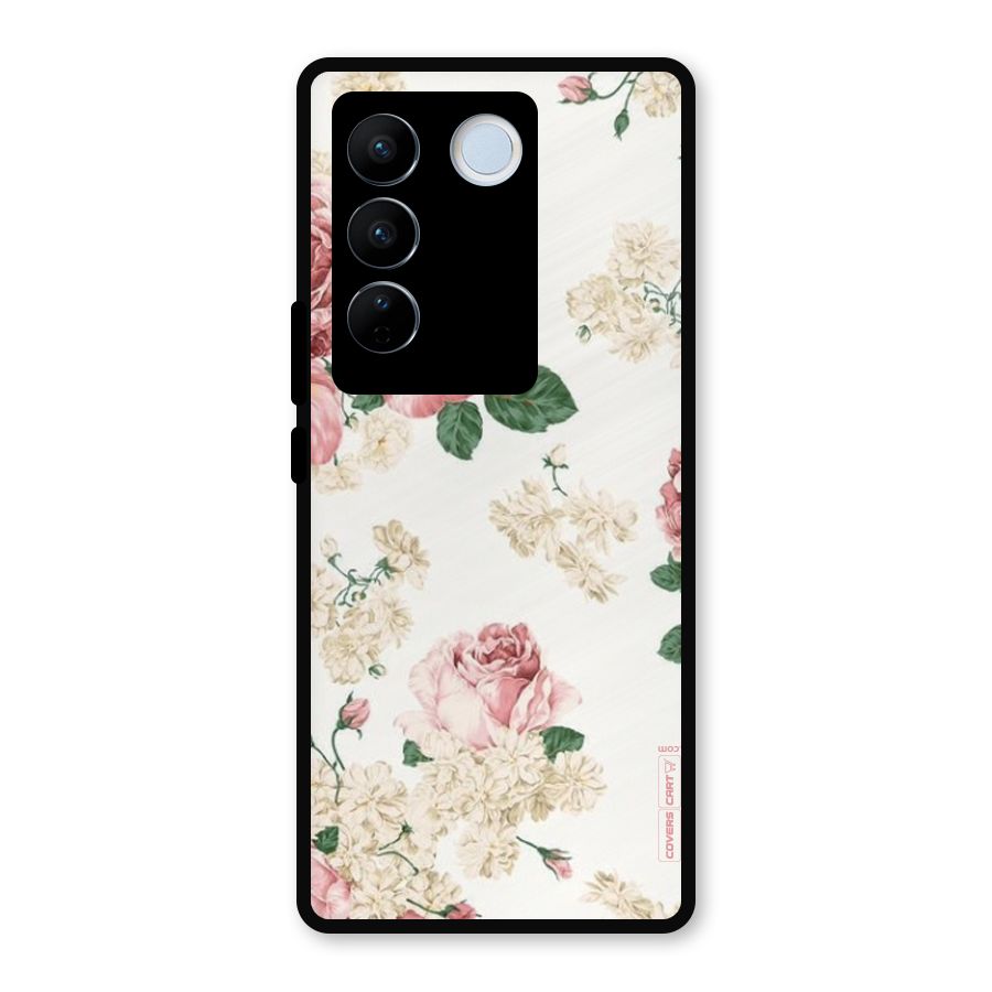 Vintage Floral Pattern Metal Back Case for Vivo V27 Pro