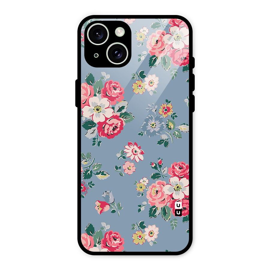 Vintage Flower Pattern Glass Back Case for iPhone 15 Plus
