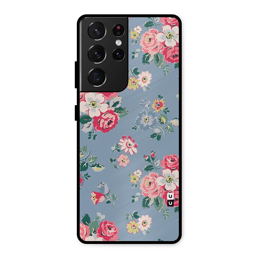 Vintage Flower Pattern Metal Back Case for Galaxy S21 Ultra 5G