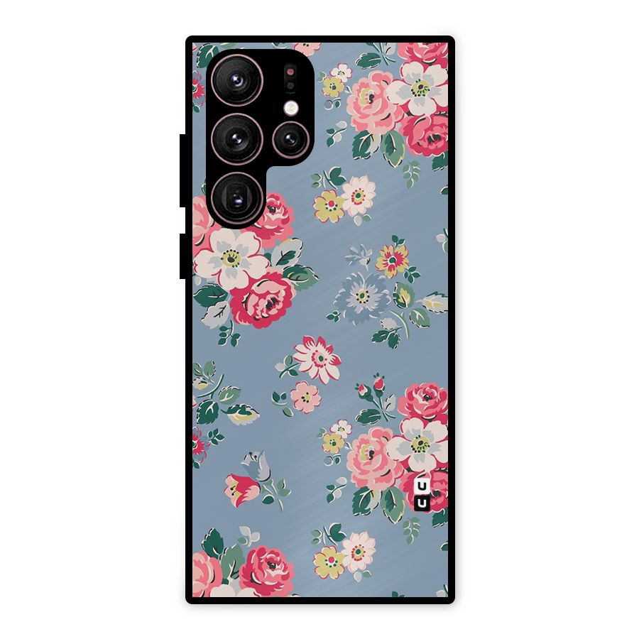 Vintage Flower Pattern Metal Back Case for Galaxy S22 Ultra 5G