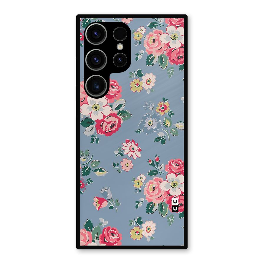 Vintage Flower Pattern Metal Back Case for Galaxy S23 Ultra