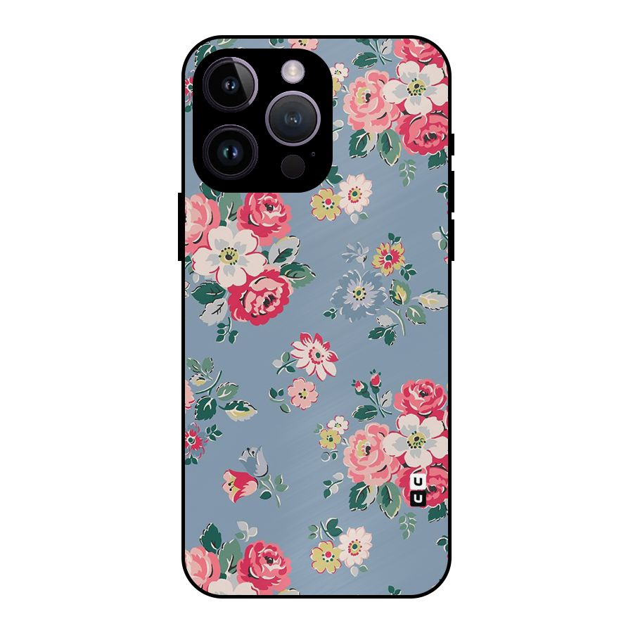 Vintage Flower Pattern Metal Back Case for iPhone 14 Pro Max