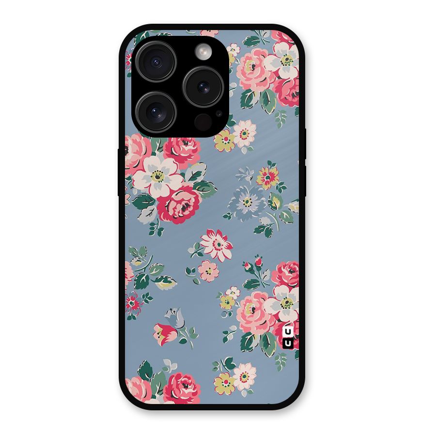 Vintage Flower Pattern Metal Back Case for iPhone 15 Pro