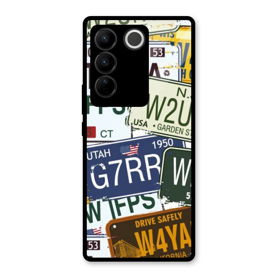 Vintage License Plates Glass Back Case for Vivo V27 Pro