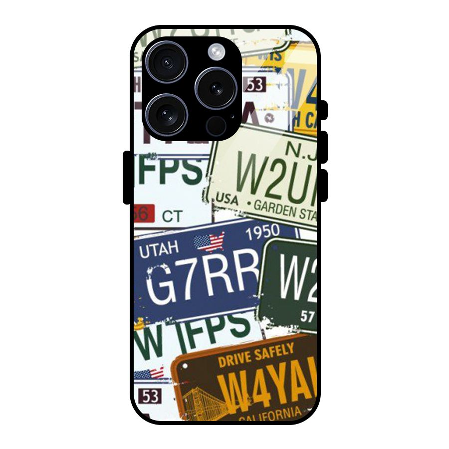 Vintage License Plates Glass Back Case for iPhone 15 Pro