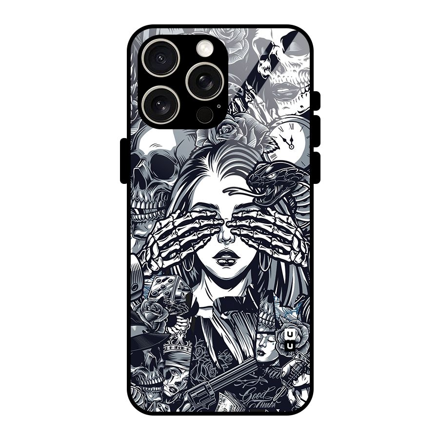 Vintage Skulls and Girl Style Glass Back Case for iPhone 15 Pro Max