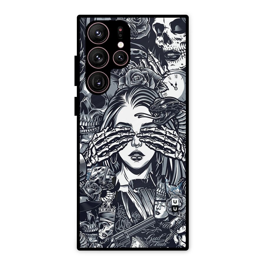 Vintage Skulls and Girl Style Metal Back Case for Galaxy S22 Ultra 5G