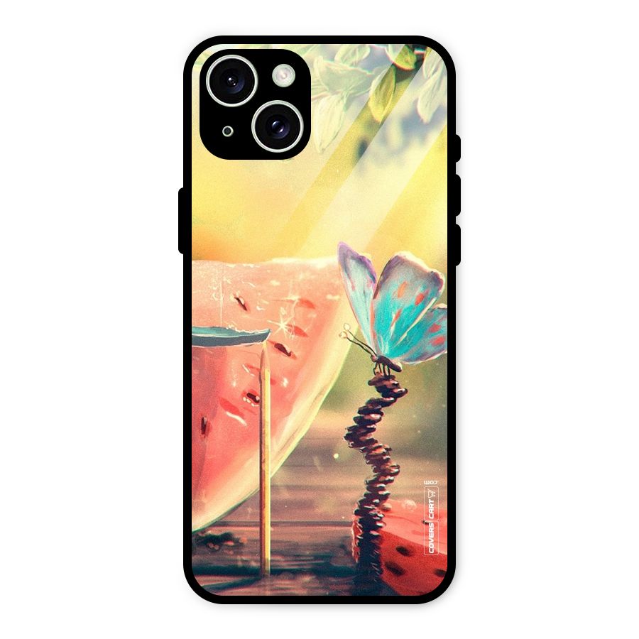Watermelon Butterfly Glass Back Case for iPhone 15 Plus