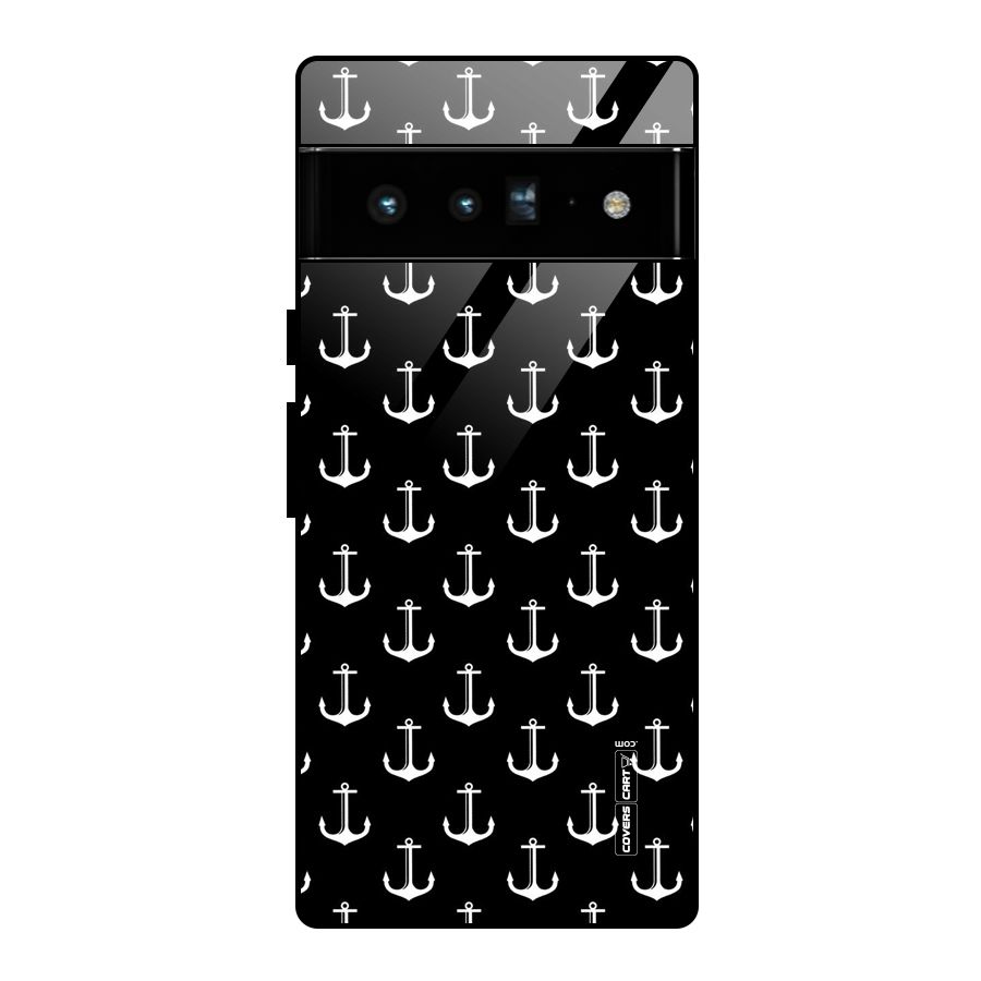 White And Black Anchor Pattern Glass Back Case for Google Pixel 6 Pro