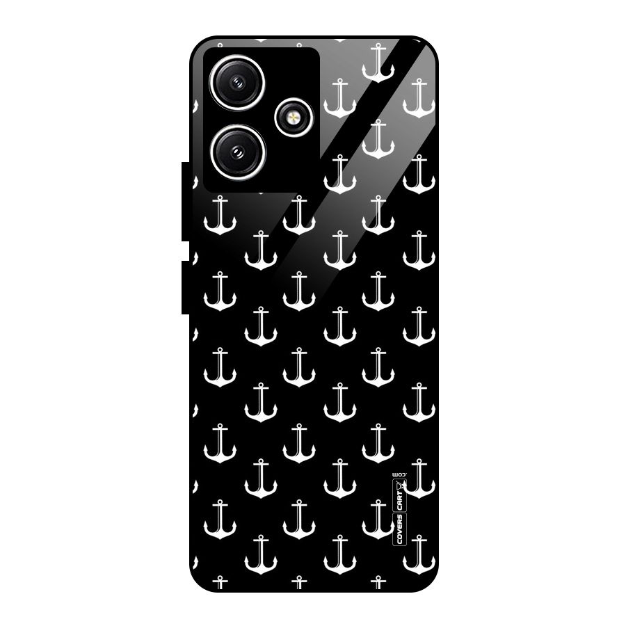 White And Black Anchor Pattern Glass Back Case for Poco M6 Pro