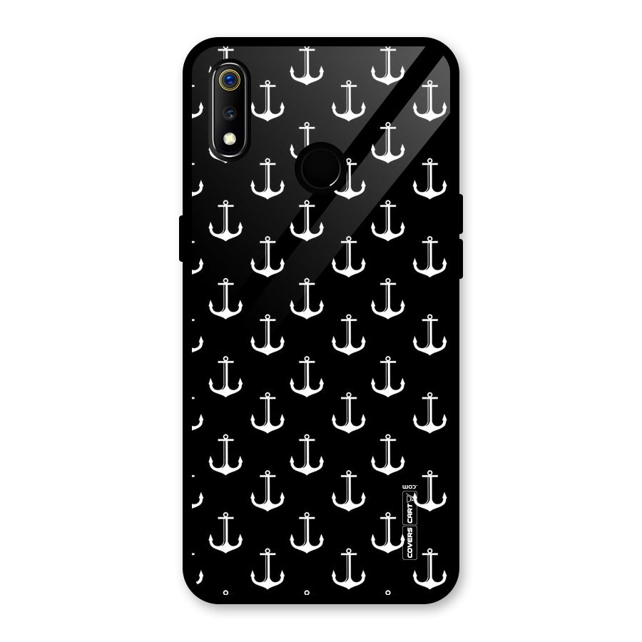 White And Black Anchor Pattern Glass Back Case for Realme 3i