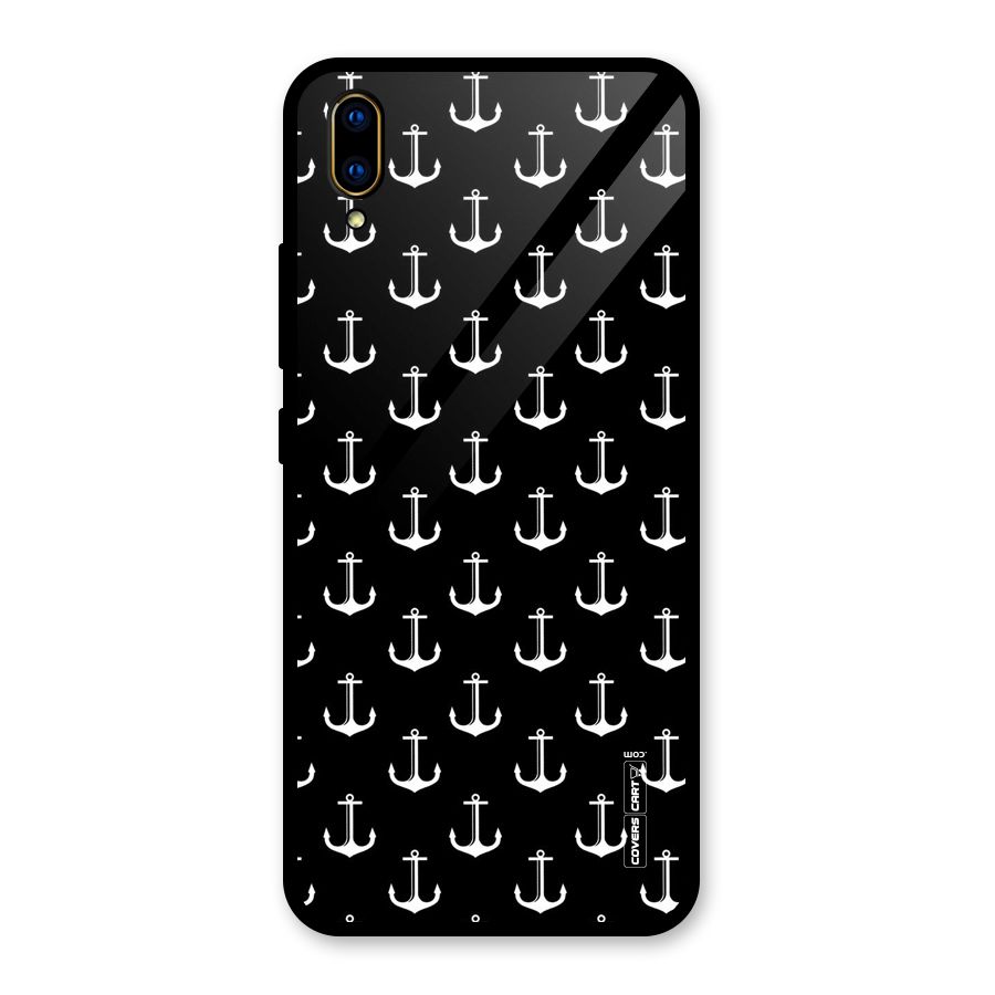 White And Black Anchor Pattern Glass Back Case for Vivo V11 Pro