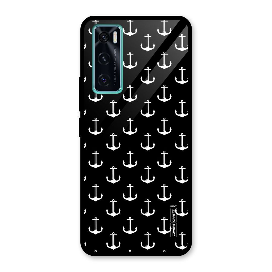 White And Black Anchor Pattern Glass Back Case for Vivo V20 SE