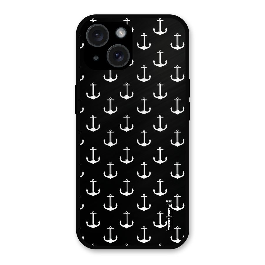 White And Black Anchor Pattern Metal Back Case for iPhone 15