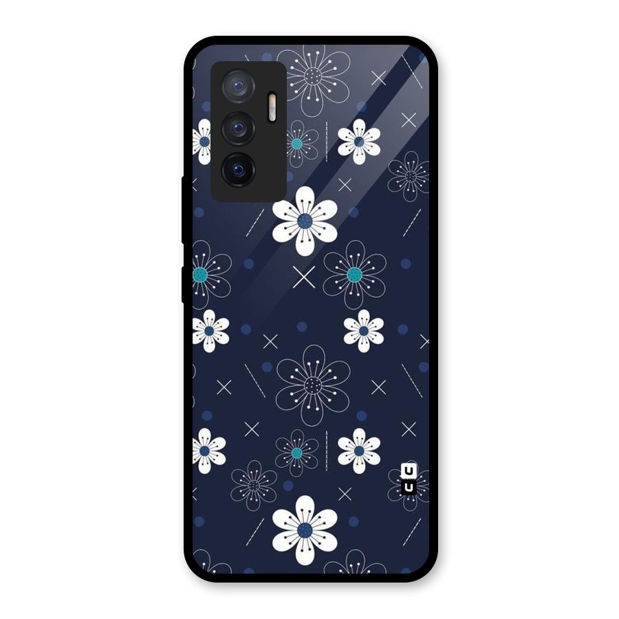 White Floral Shapes Glass Back Case for Vivo V23e