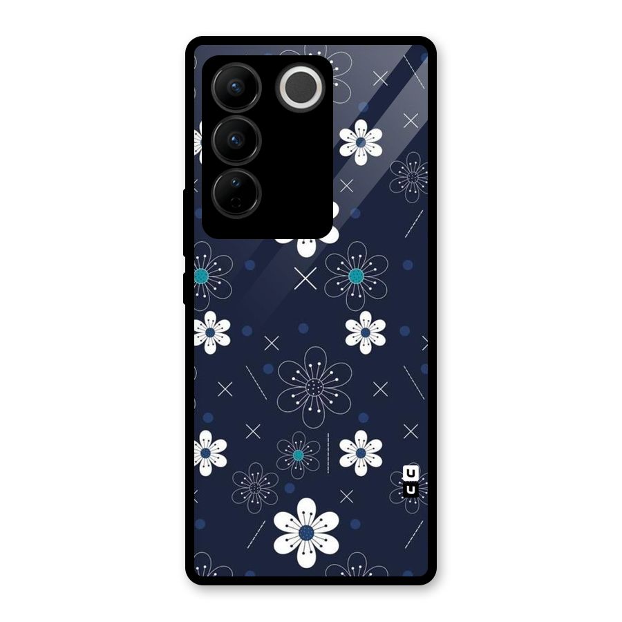 White Floral Shapes Glass Back Case for Vivo V27
