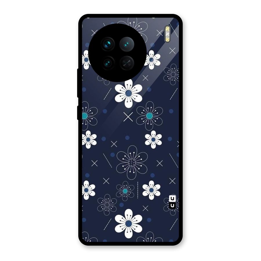 White Floral Shapes Glass Back Case for Vivo X90