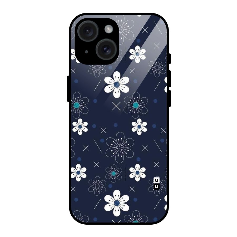 White Floral Shapes Glass Back Case for iPhone 15