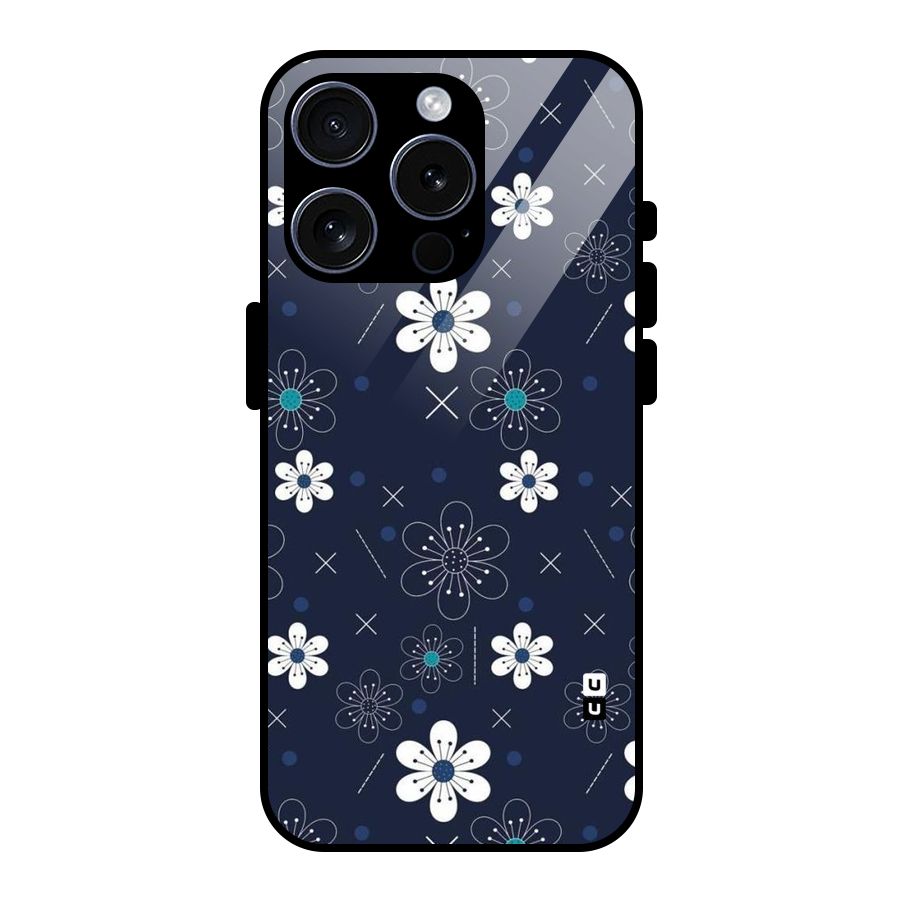 White Floral Shapes Glass Back Case for iPhone 15 Pro
