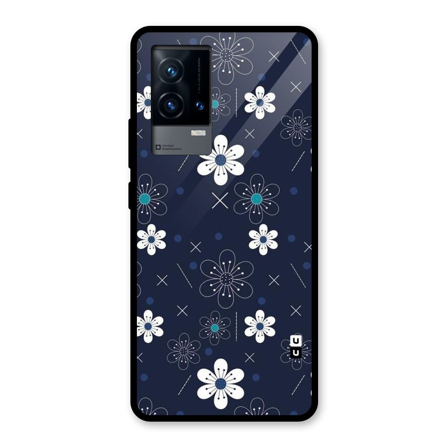 White Floral Shapes Glass Back Case for iQOO 9 5G
