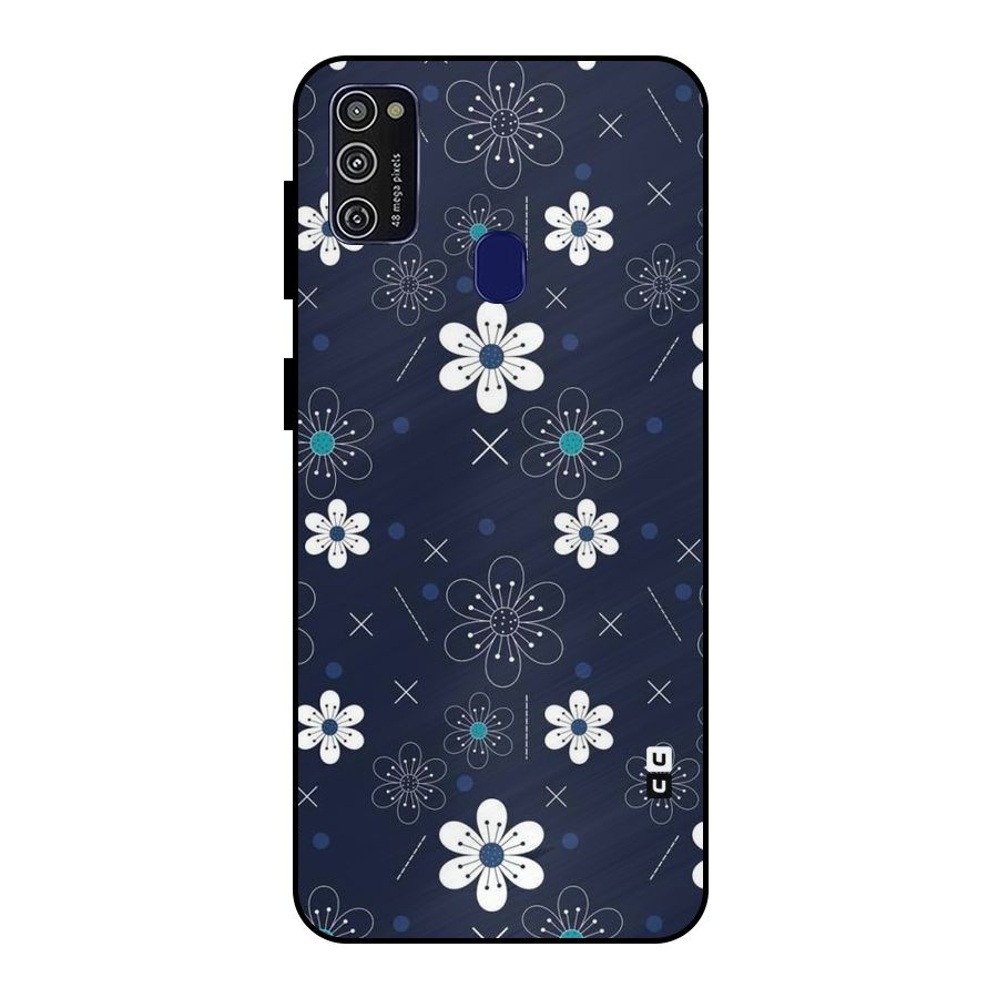 White Floral Shapes Metal Back Case for Galaxy M21